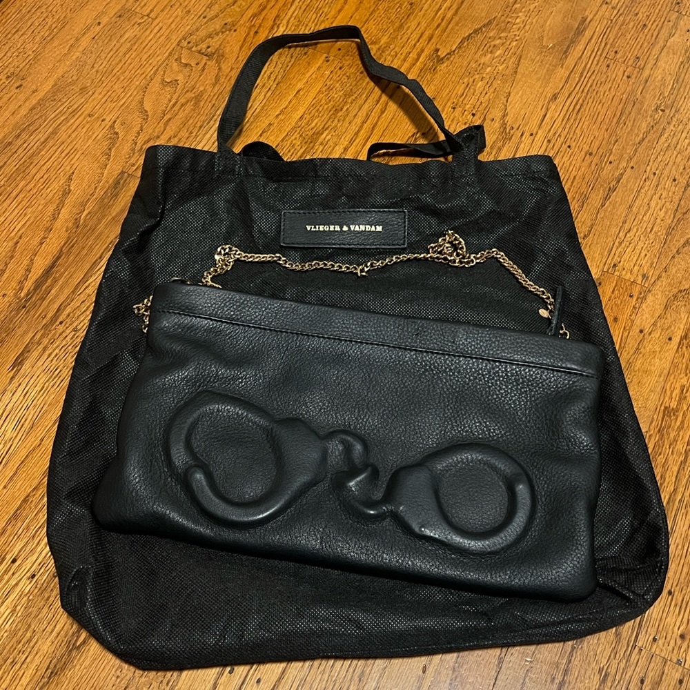 Embossed Handcuff Black Leather Clutch